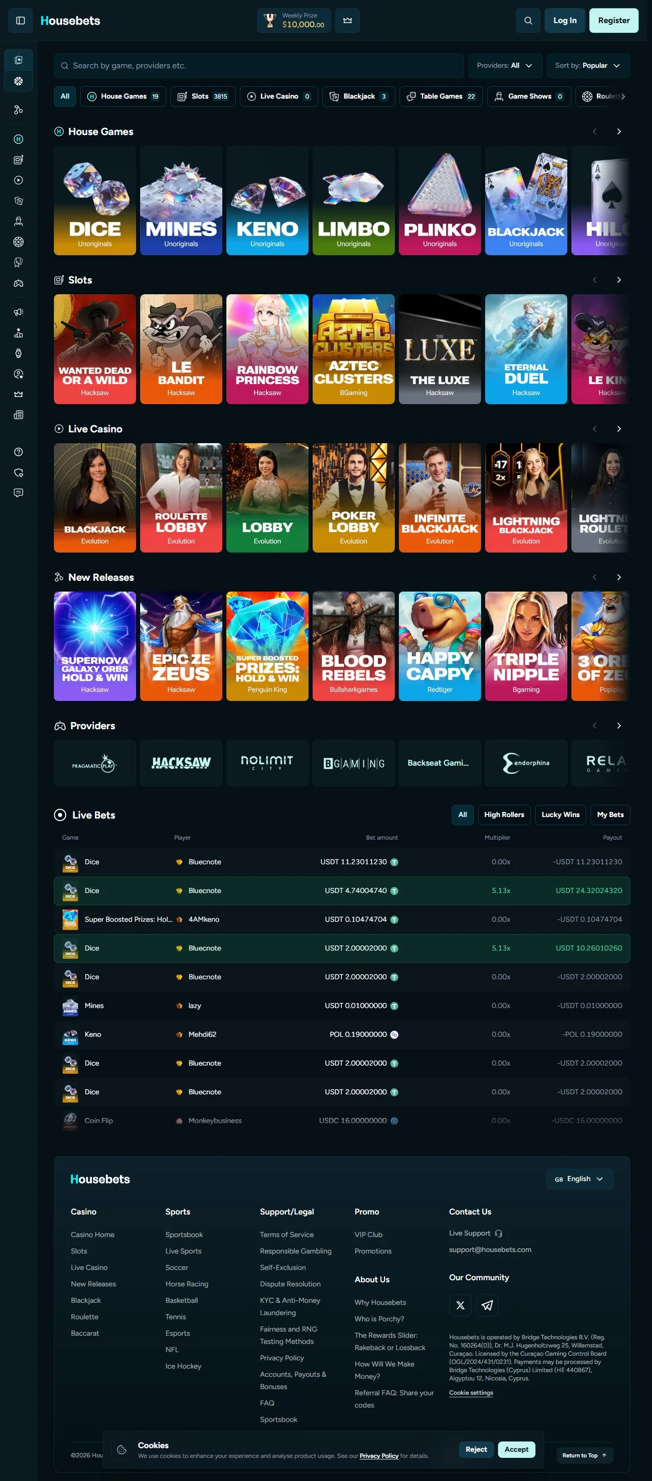 Housebets slots and casino game lobby
