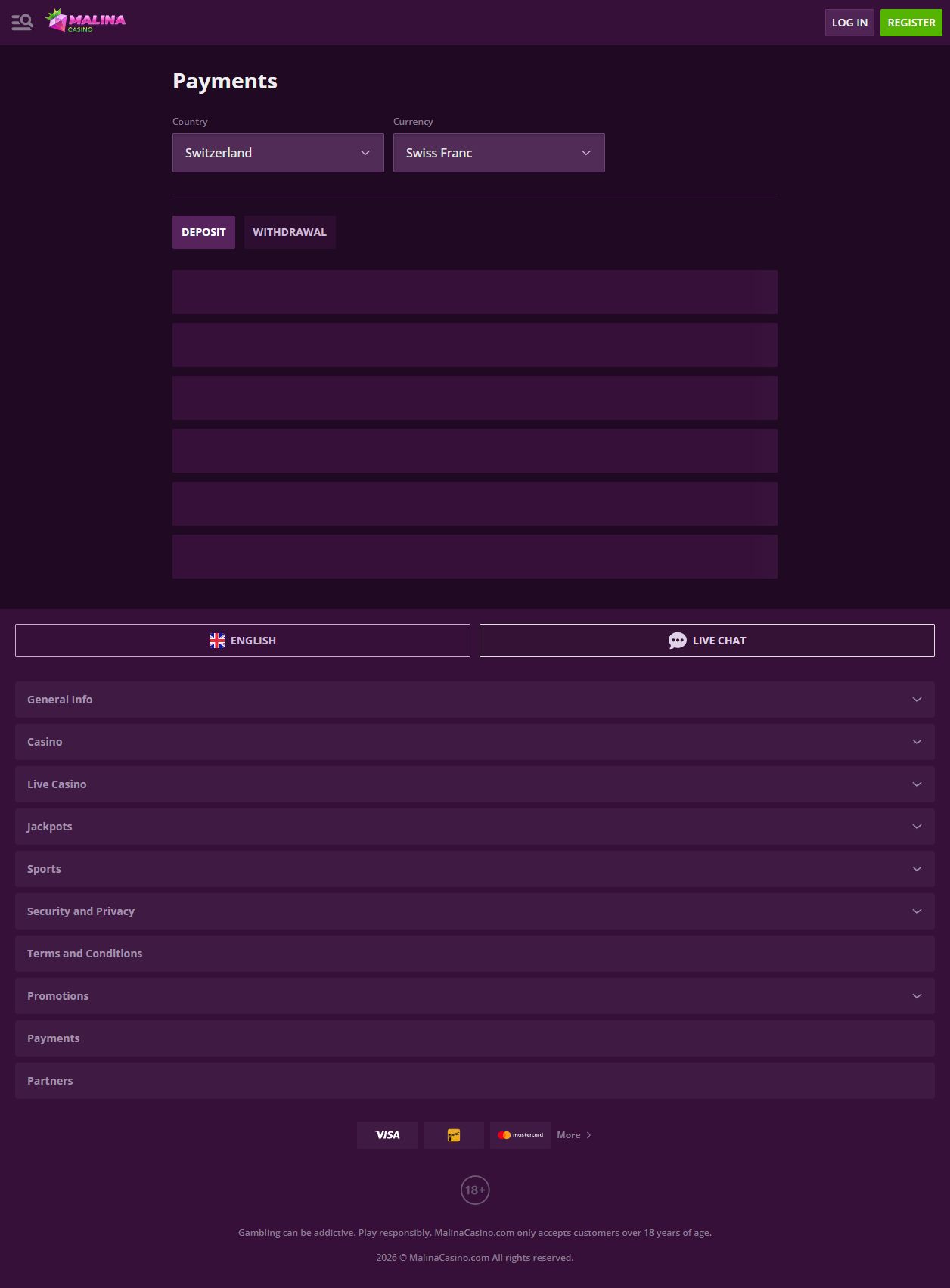 MalinaCasino payment methods page