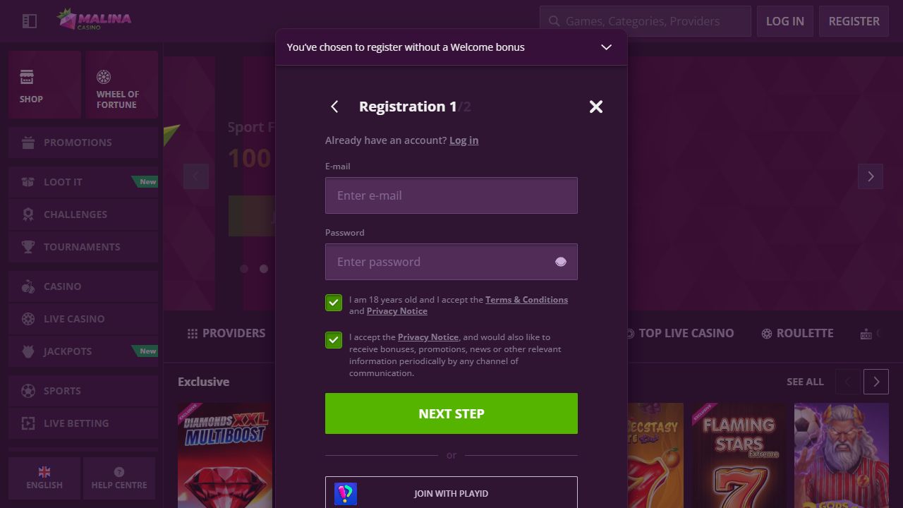 MalinaCasino registration form