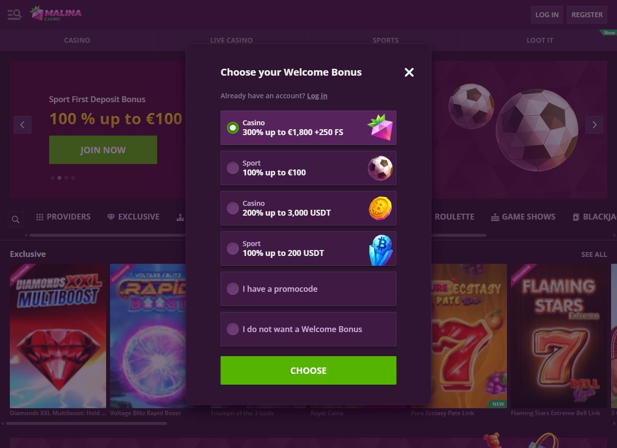 MalinaCasino login form