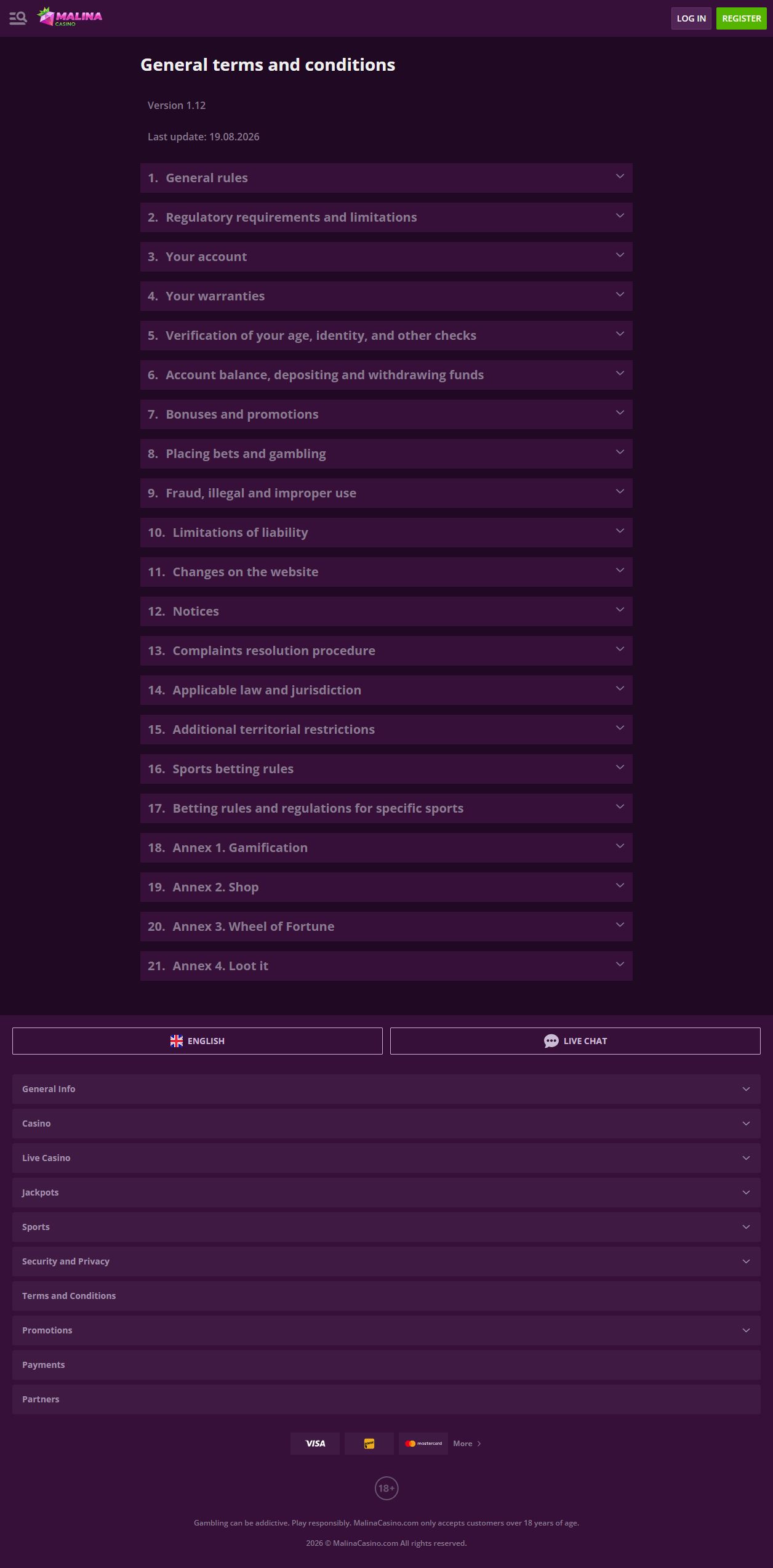 MalinaCasino Terms reviewed during research