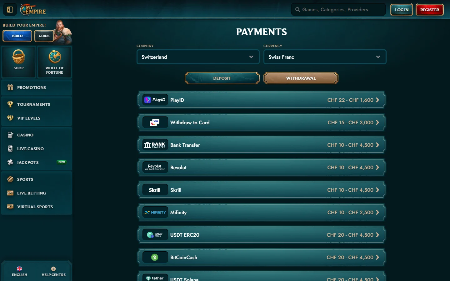 MyEmpire withdrawal cashier with bank card e-wallet and cryptocurrency methods