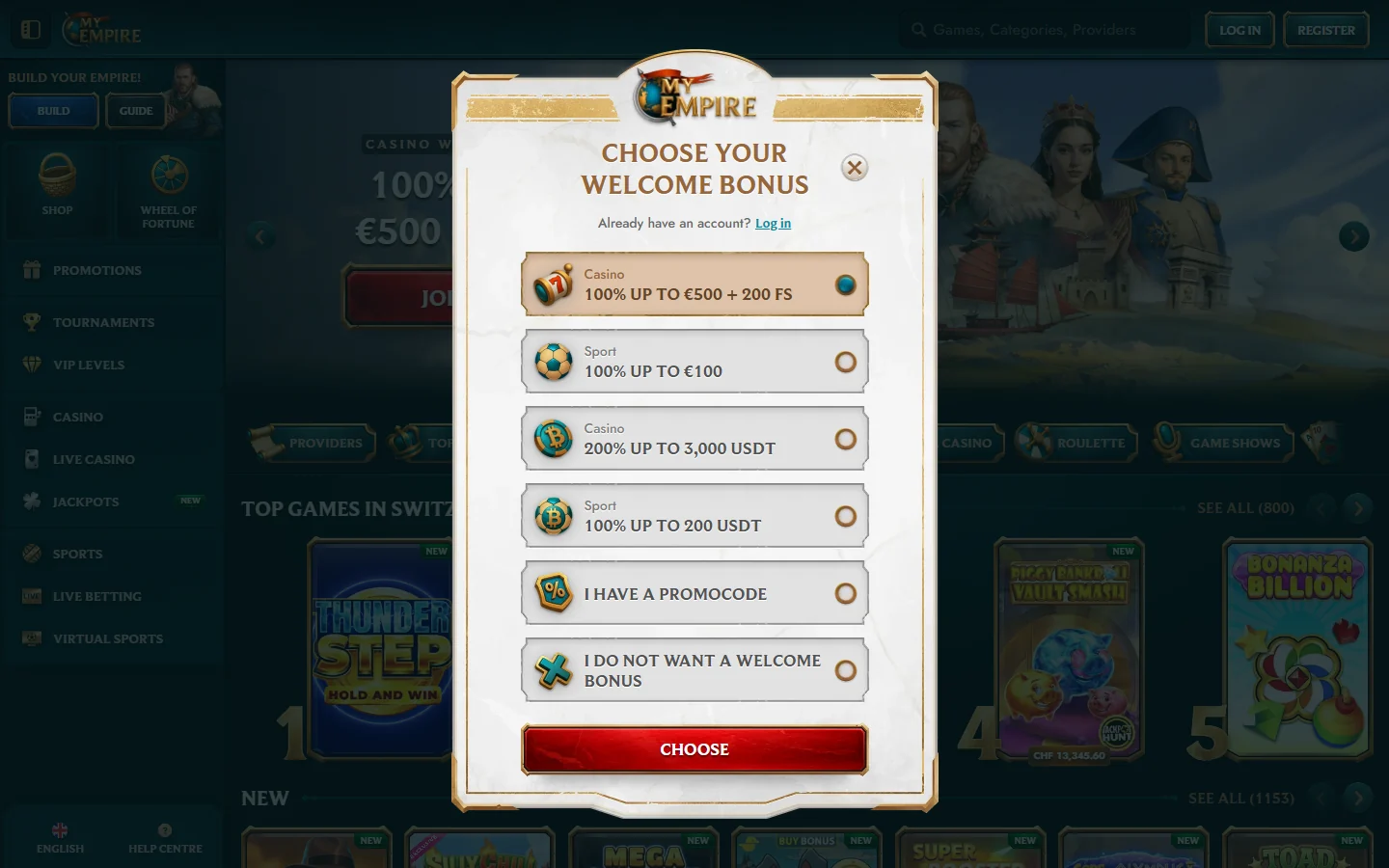 MyEmpire bonus selector with casino sportsbook crypto and no bonus registration routes