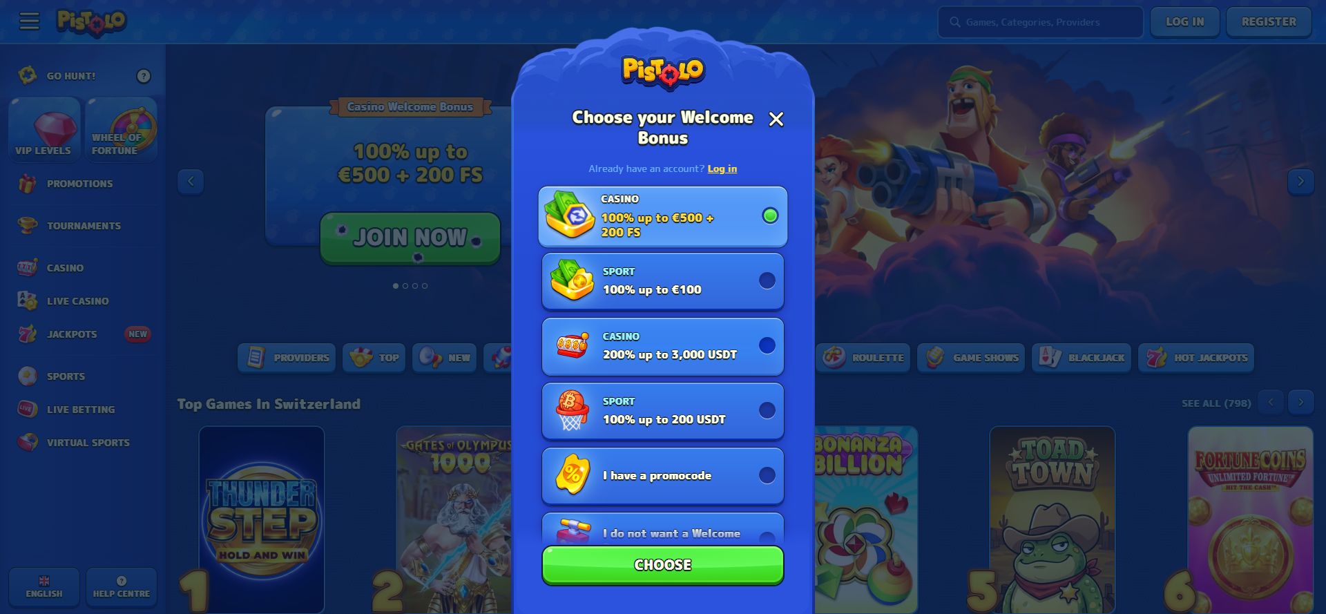 Pistolo welcome offer selection screen