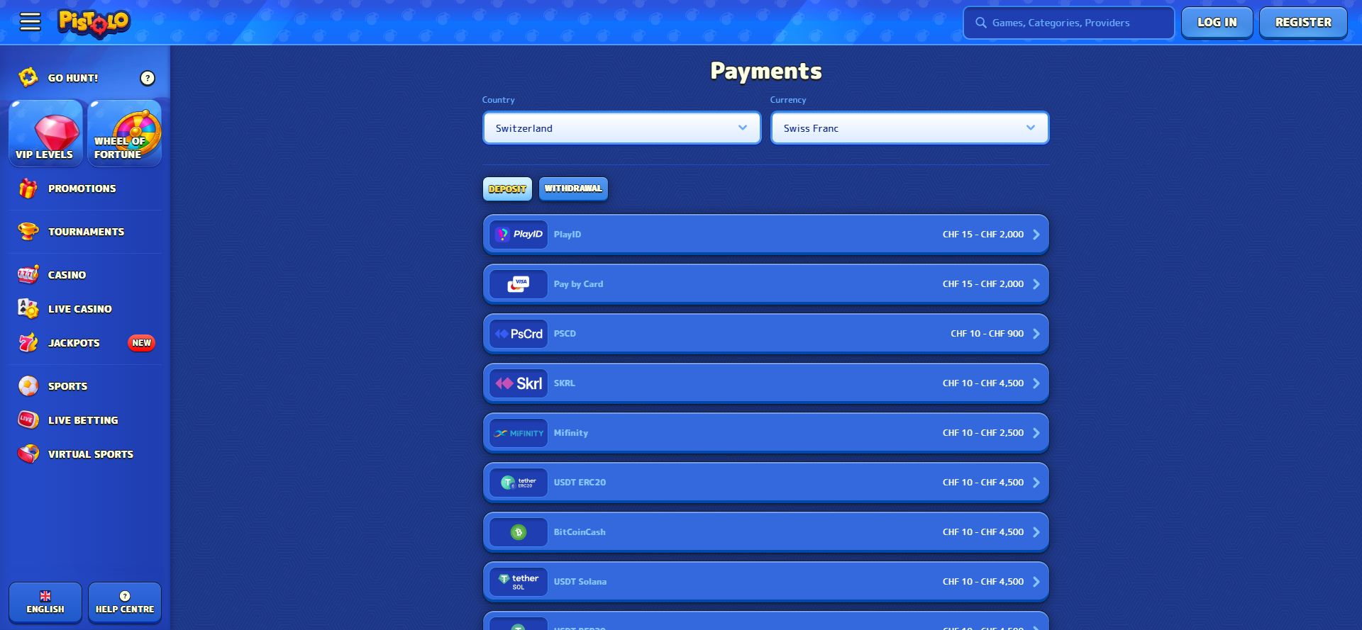 Pistolo public payments page with loaded methods and limits