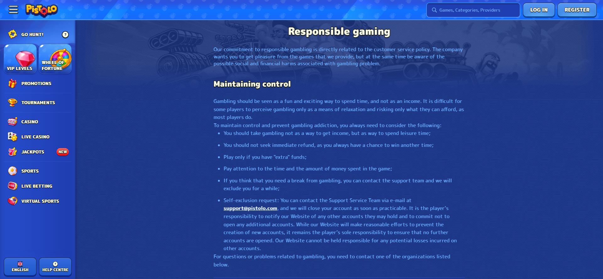 Pistolo responsible gaming page during our check