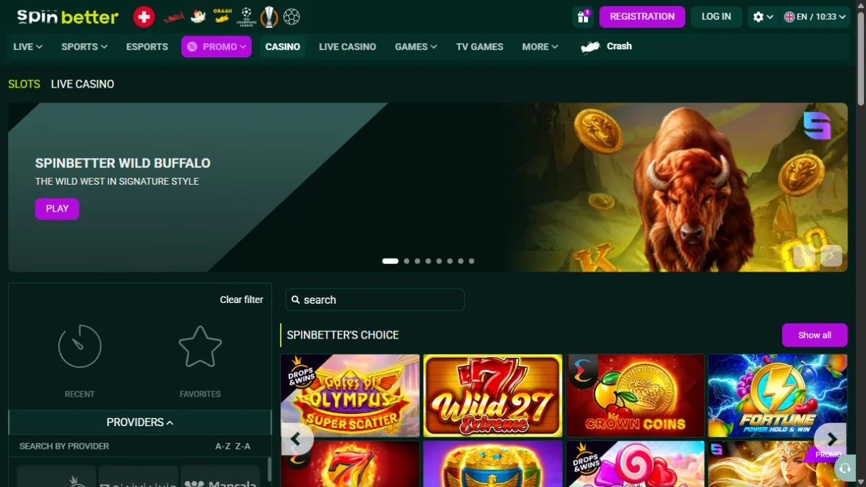 Spinbetter casino lobby and games