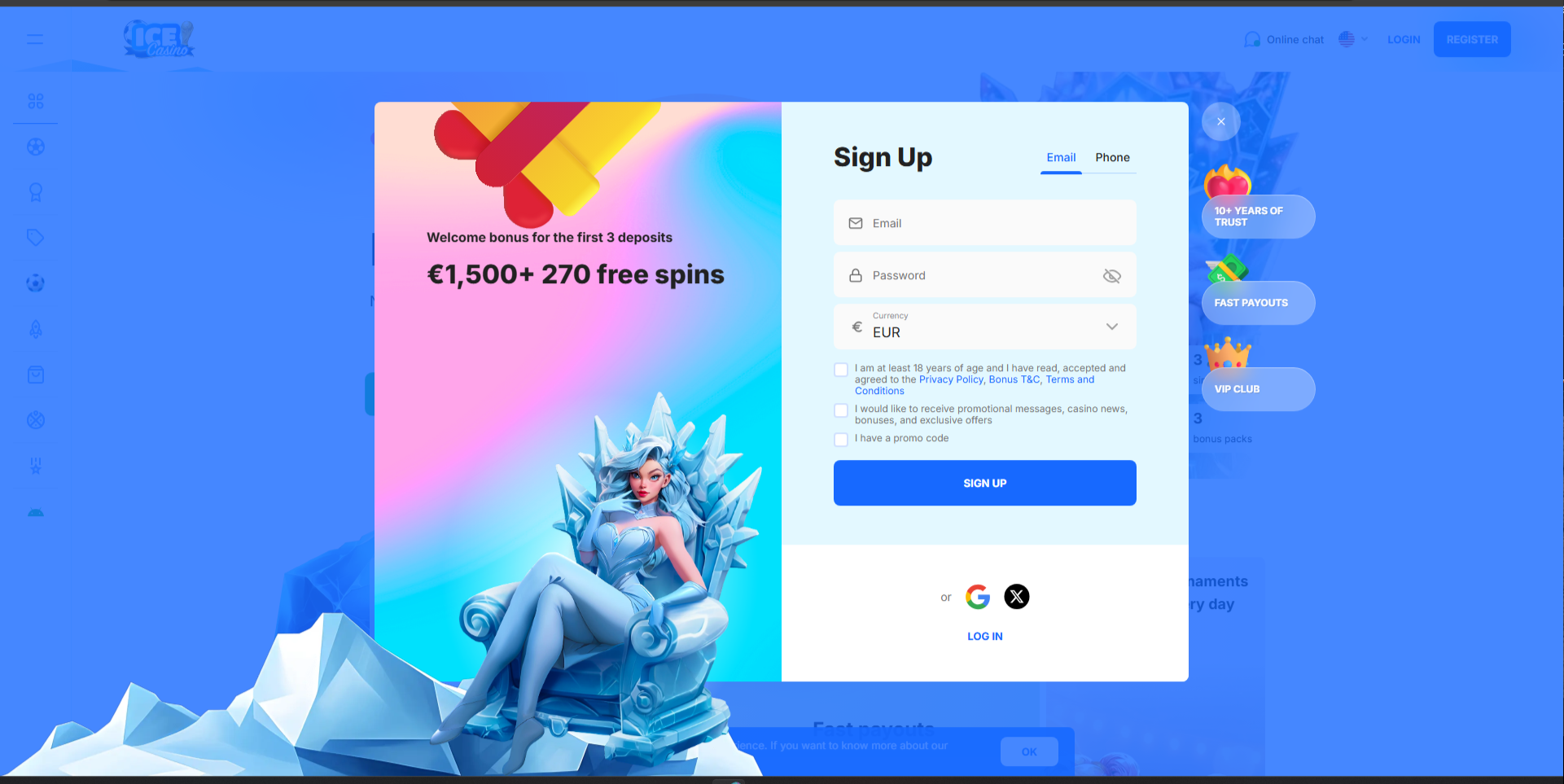 Ice Casino registration screen